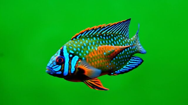 A stunning close-up of a vibrant, multi-colored tropical fish with intricate patterns swimming against a bright green background.