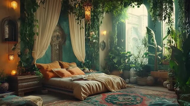 Bohemian bedroom sanctuary filled with lush green plants and natural light.