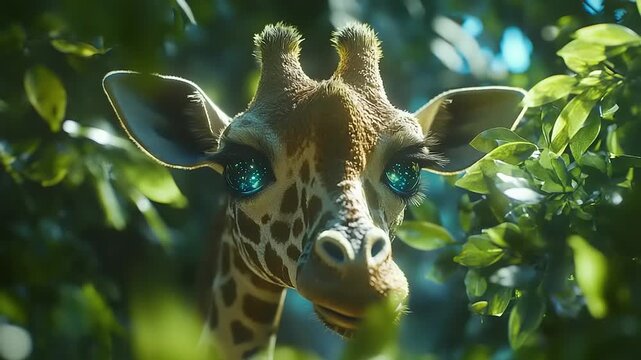 Close up of a giraffes face with bright blue eyes surrounded by green leaves.