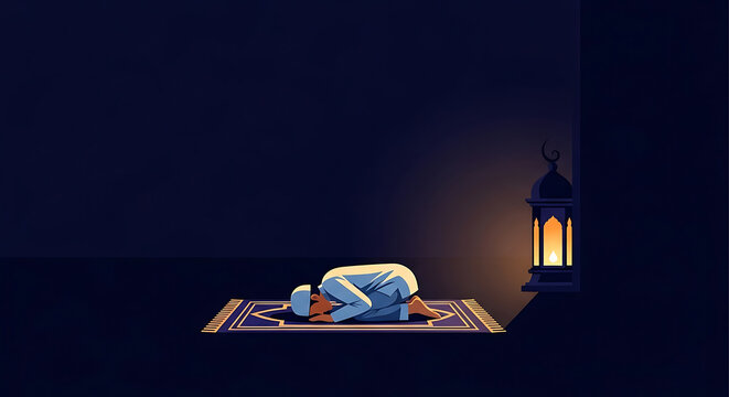 muslim man performing sujood in prayer on a prayer mat by a glowing lantern in a dark room symbolizing islamic devotion.