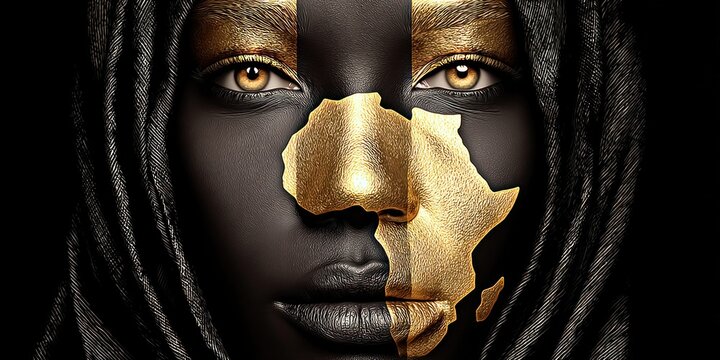 Striking portrait of a woman with Africa map painted on her face in gold and black