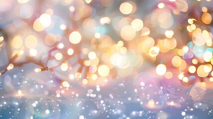 Obraz premium Soft pastel-colored lights with blurred white background and bokeh effects, bright shiny sparkling glittery fairy lights, cute clipart-style high-definition decorative design