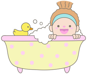 Cute Woman in Headband Relaxing in Polka Dot Bathtub with Soap Bubbles and Yellow Rubber Duck Lifestyle