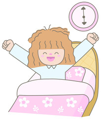 Cute Woman with Messy Hair Waking Up in Pajamas on Floral Bedding with Wall Clock Morning Routine Concept