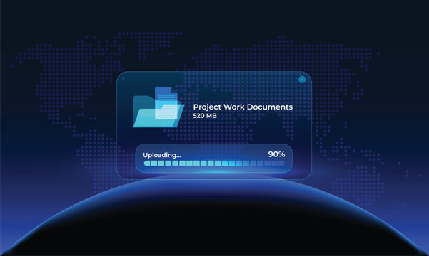 Open browser with progress message, folder icon, and document in transfer. User interface window with glassmorphism showing the file transfer process. Suitable for UX, UI, file management, Data