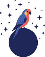Fototapeta premium Parrot Perched On Sphere Under Starry Night Sky Minimalist Flat Design