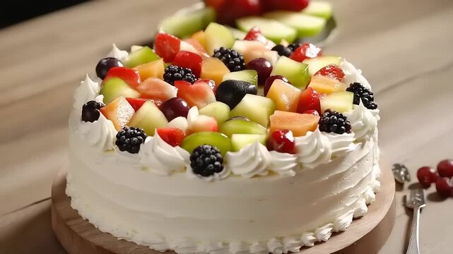 Fruit Topped Creamy White Cake Dessert.