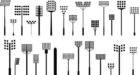 Stadium floodlight tower silhouette collection vector illustration set with sports arena lighting poles isolated on white background for design © Hamim's World