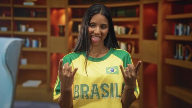 Woman brunette wearing yellow brazil jersey, showing rock horns with both hands and tongue out in library; playful pride.