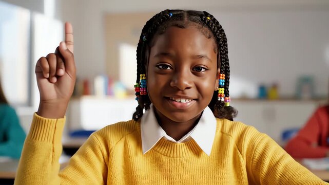 Close up of a cheerful African American schoolgirl raising her hand in a bright classroom for a learning and brilliant idea concept