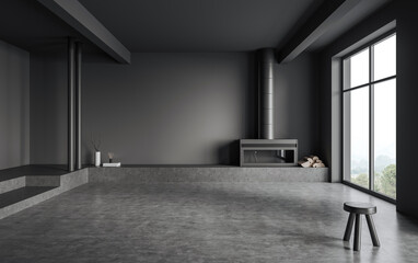 Naklejka premium Modern interior room with fireplace in minimal style on neutral background, concept of contemporary design interior, 3D Rendering