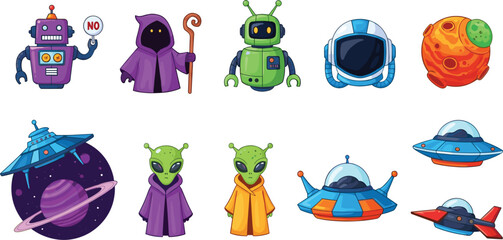 Colorful sci-fi space vector set featuring cute alien characters robots flying saucer ufo spaceships and planets isolated on white background for galaxy adventure design. © MdGohurul