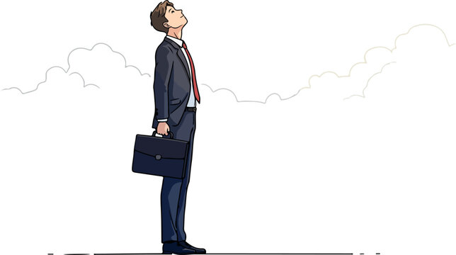 Pixel Art Businessman In Suit Looks Up At Sky With Briefcase Minimalist
