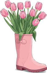 Pink Tulips in a Pink Rubber Boot Minimalist Illustration