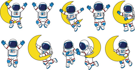 Cute astronaut cartoon character set with various poses floating in space and sitting on yellow crescent moon isolated on white background for kids design. © Hosneara