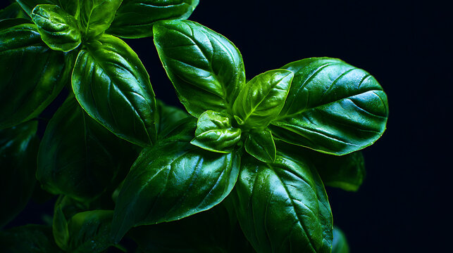 Vibrant basil leaves against a dark background, perfect for culinary endeavors