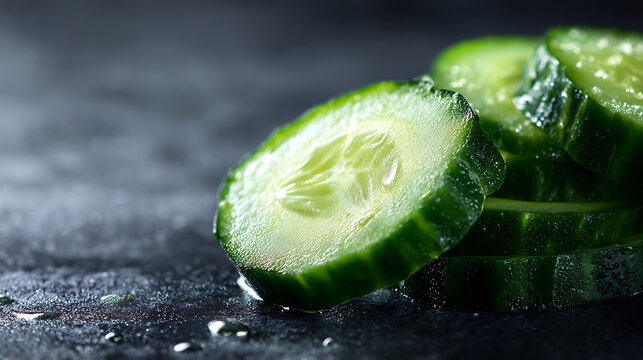 Freshly sliced cucumber arranged artfully. Close-up view reveals texture and detail