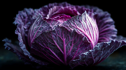 Obraz premium A vibrant, close-up shot of a purple cabbage, highlighting its intricate leaf structure and texture
