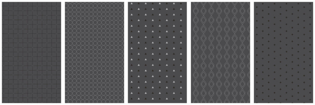Dark charcoal geometric patterns set with white linear motifs and small shapes for professional dark mode backgrounds