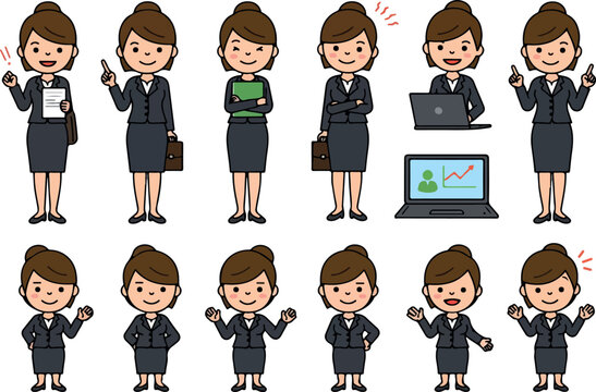 Pixel Art Businesswoman Set Various Poses and Gestures Dark Suit