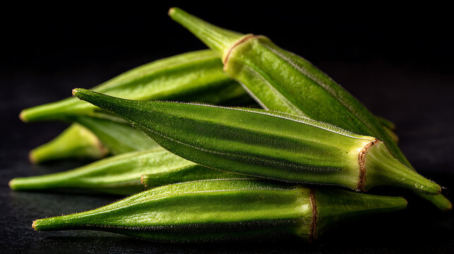A close-up view of fresh okra pods arranged together. They exhibit vibrant green hues, highlighting their fresh appearance