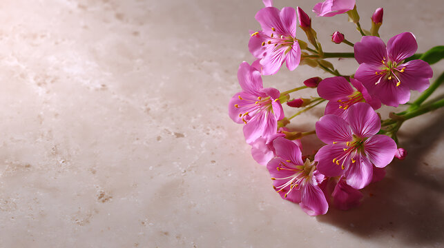 A beautiful collection of vibrant pink flowers rests gently on a marble surface, displaying a natural elegance