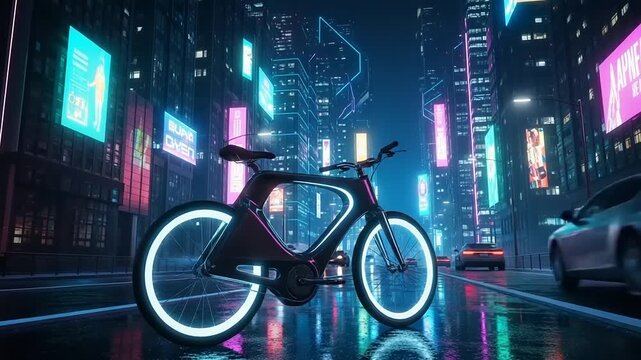 Futuristic Electric Bicycle in Cityscape at Night.
