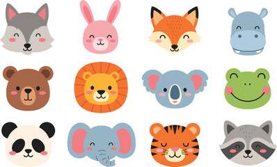 Obraz premium Adorable wild animal face collection featuring lion panda elephant fox and koala avatars, cute zoo animal head stickers for kids.