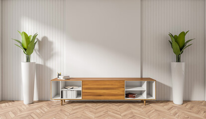 Naklejka premium Wooden cabinet with books and tall plants in modern interior style on clean empty wall background, concept of design mockup, 3D Rendering