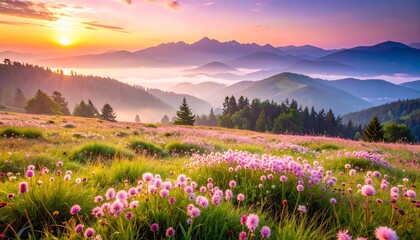 Obraz premium Pink flowers and mountains under a vibrant sunset sky