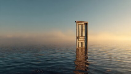 Mysterious Wooden Door Standing in Calm Water with Foggy Horizon