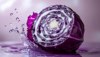 Fototapeta premium Half Cut Red Cabbage Splashing into Purple Liquid with Artistic Water Droplets and Swirling Texture