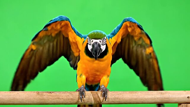 A vibrant blue and yellow macaw parrot with its wings spread wide, perched on a wooden stick against a bright green background.