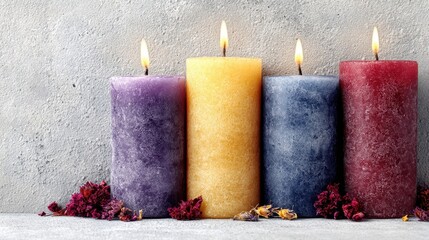 Three candles with flowers three decorative candles adorned with delicate flowers set against a textured concrete surface