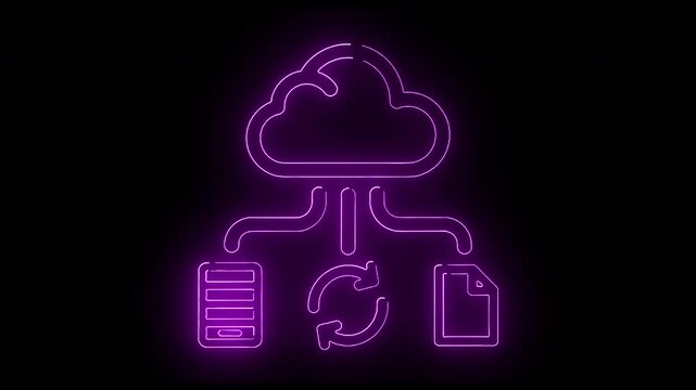 Neon purple icon of a cloud connected to a database, document, and refresh symbol on a black background with a white stripe.