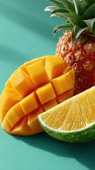 Pineapple and sliced pineapple a whole pineapple sits beside a pineapple cut in half revealing its juicy interior