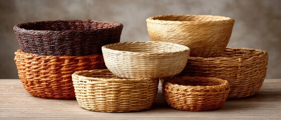 Baskets on table several woven baskets are displayed neatly on a wooden table surface