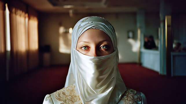 A portrait of a veiled woman with striking eyes, set in an interior space. The woman is facing directly towards the camera, the setting creates a sense of mystery and introspection.