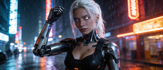 Cyberpunk female cyborg with robotic arms and glowing eyes in neon futuristic city at night, idea for AI human augmentation, robotics innovation, digital identity, and advanced technology concept