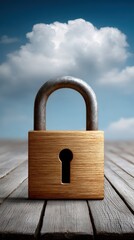 Wooden padlock against cloudy sky wooden padlock secured against a backdrop of atmospheric cloudy sky symbolizing security and nature