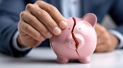 Man pierces piggy bank man in suit creates opening in pink savings container man