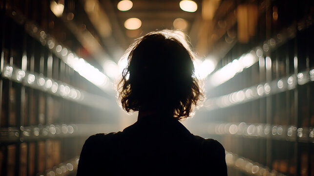 A silhouette of a person standing between book shelves, with the light creating a dramatic effect. The person seems lost in thought, the books lining the shelves create a sense of mystery