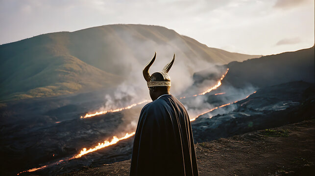 A person stands gazing at a landscape with fiery lines