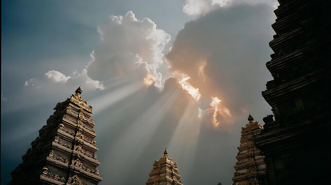 Temple towers reaching towards the sun amidst dramatic clouds, a spiritual architectural landscape. The scene exudes a sense of reverence and wonder