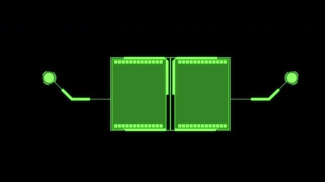 Futuristic green hud dual information panels with circular callout pointers and sci fi digital interface animation on black background