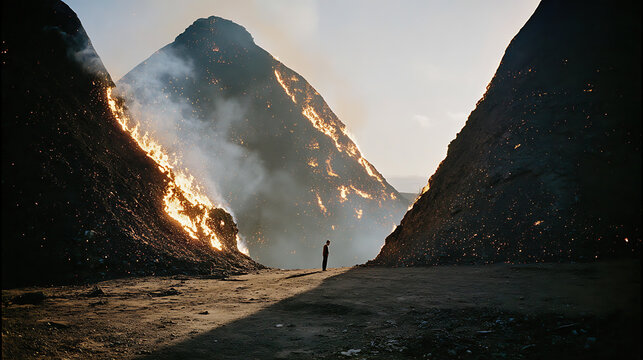 A solitary figure stands between two fiery mountains, their peaks bathed in sunlight
