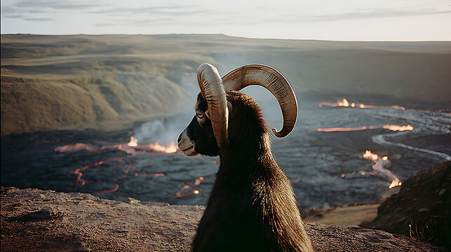 A mountain ram gazing over a volcanic landscape, the epitome of nature's raw power