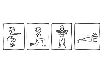 Fototapeta premium Workout poses set, illustration in doodle style, isolated on transparent background