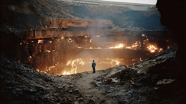 A lone figure contemplating the fiery expanse of Darvaza gas crater, Turkmenistan
