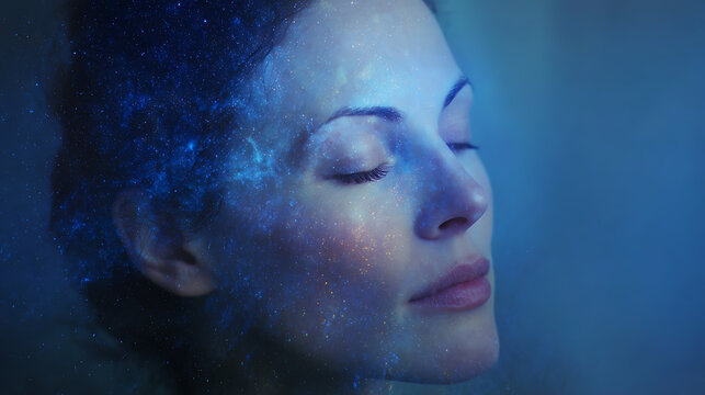 A woman with closed eyes experiences inner peace and tranquility, surrounded by a serene atmosphere
